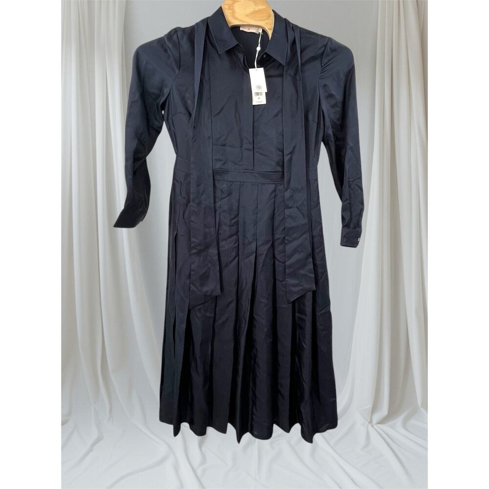 Tory Burch Silk Shirtdress Navy Pleated Long Sleeve Size 12 – NWT Retail $598
